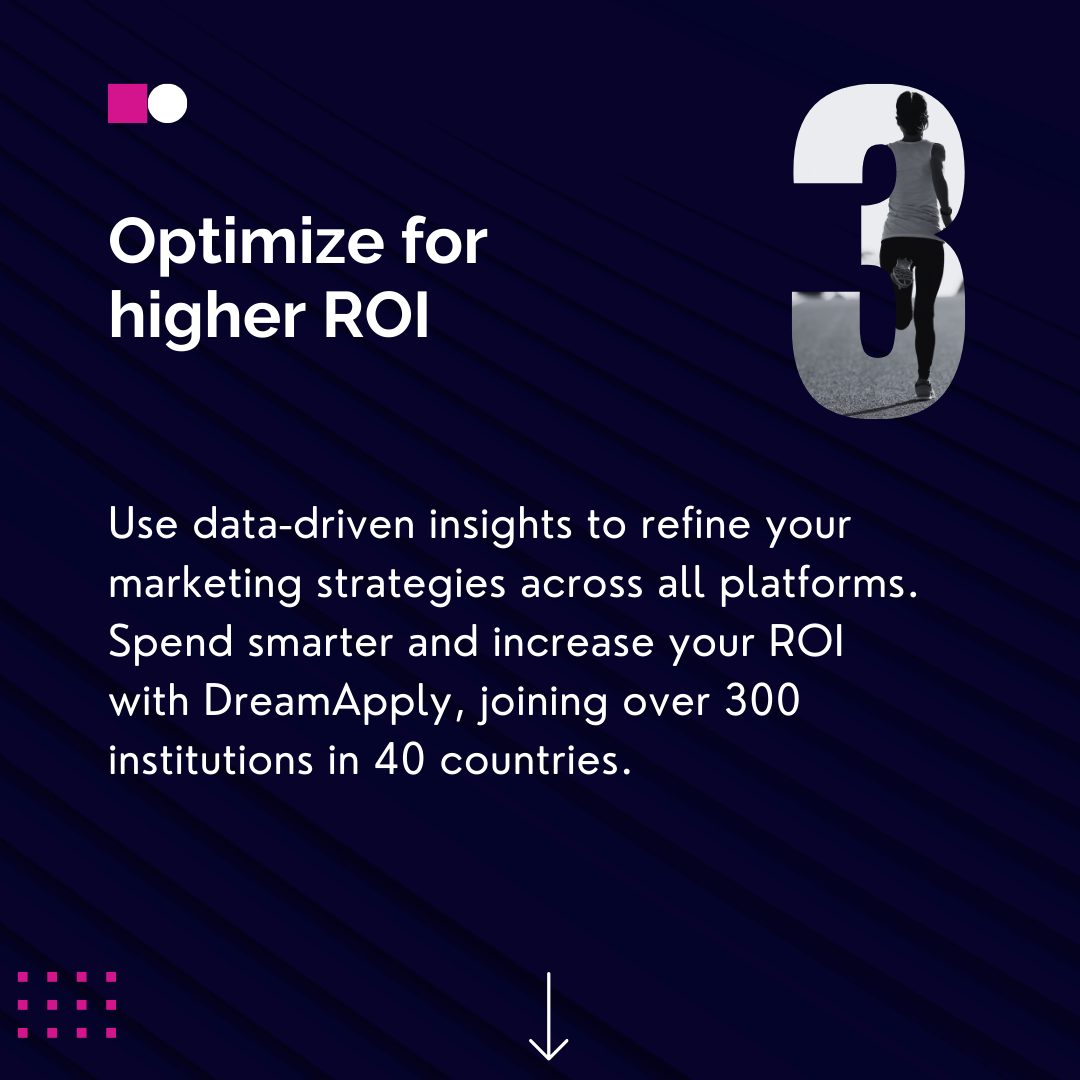 Optimize for higher ROI Use data-driven insights to refine your marketing strategies across all platforms. Spend smarter and increase your ROI with DreamApply, joining over 300 institutions in 40 countries. 