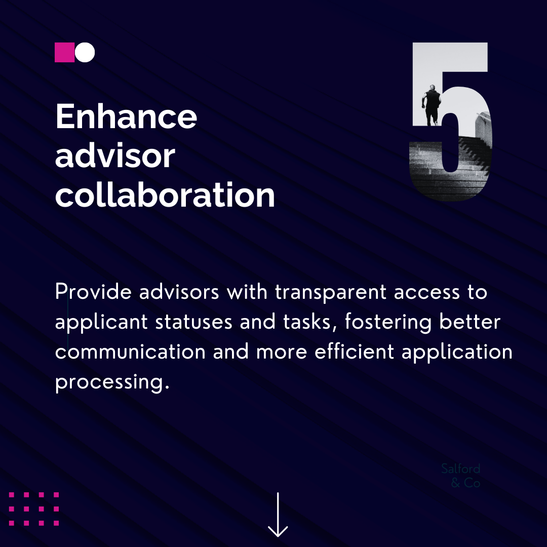 Enhance advisor collaboration Provide advisors with transparent access to applicant statuses and tasks, fostering better communication and more efficient application processing. 