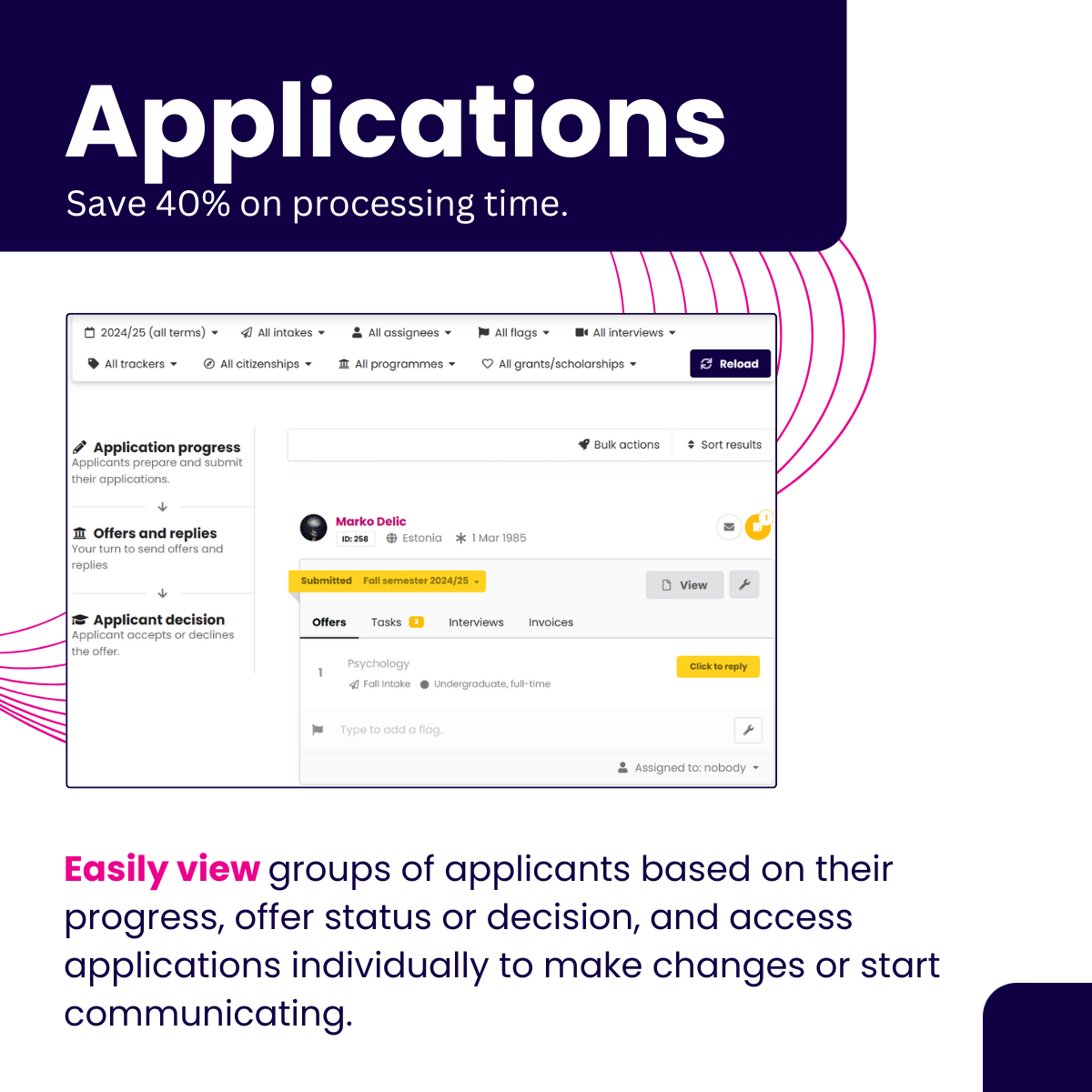 Designing application forms that cater to the specific needs of your programs ensures you gather all relevant information upfront. This reduces the need for follow-up and clarifications, saving time for both administrators and applicants.With DreamApply, you can easily design and customize application forms to suit your institution’s requirements. The platform’s intuitive form builder allows you to include various fields, conditional logic, and instructions, ensuring that you collect all the necessary information from applicants right from the start.